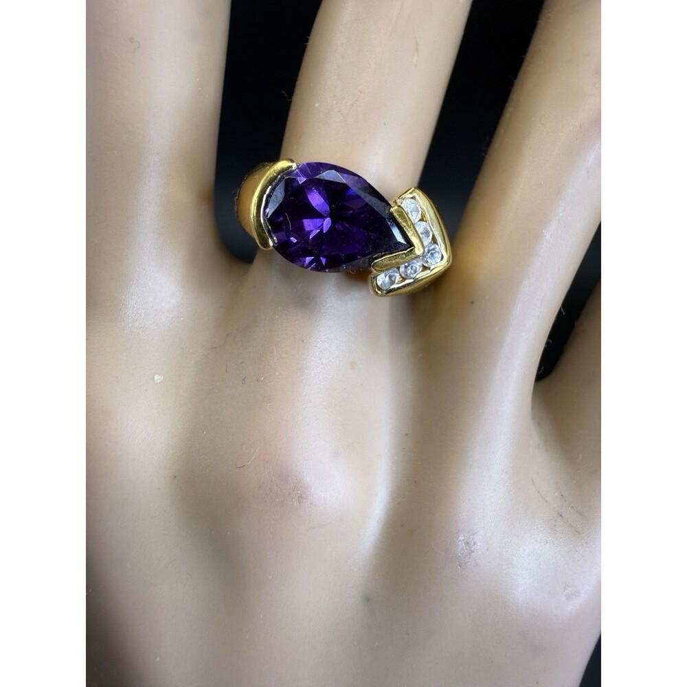 VTG Lady Remington Gold Tone Faux Amethyst Clear Rhinestones Cocktail Ring 6.25